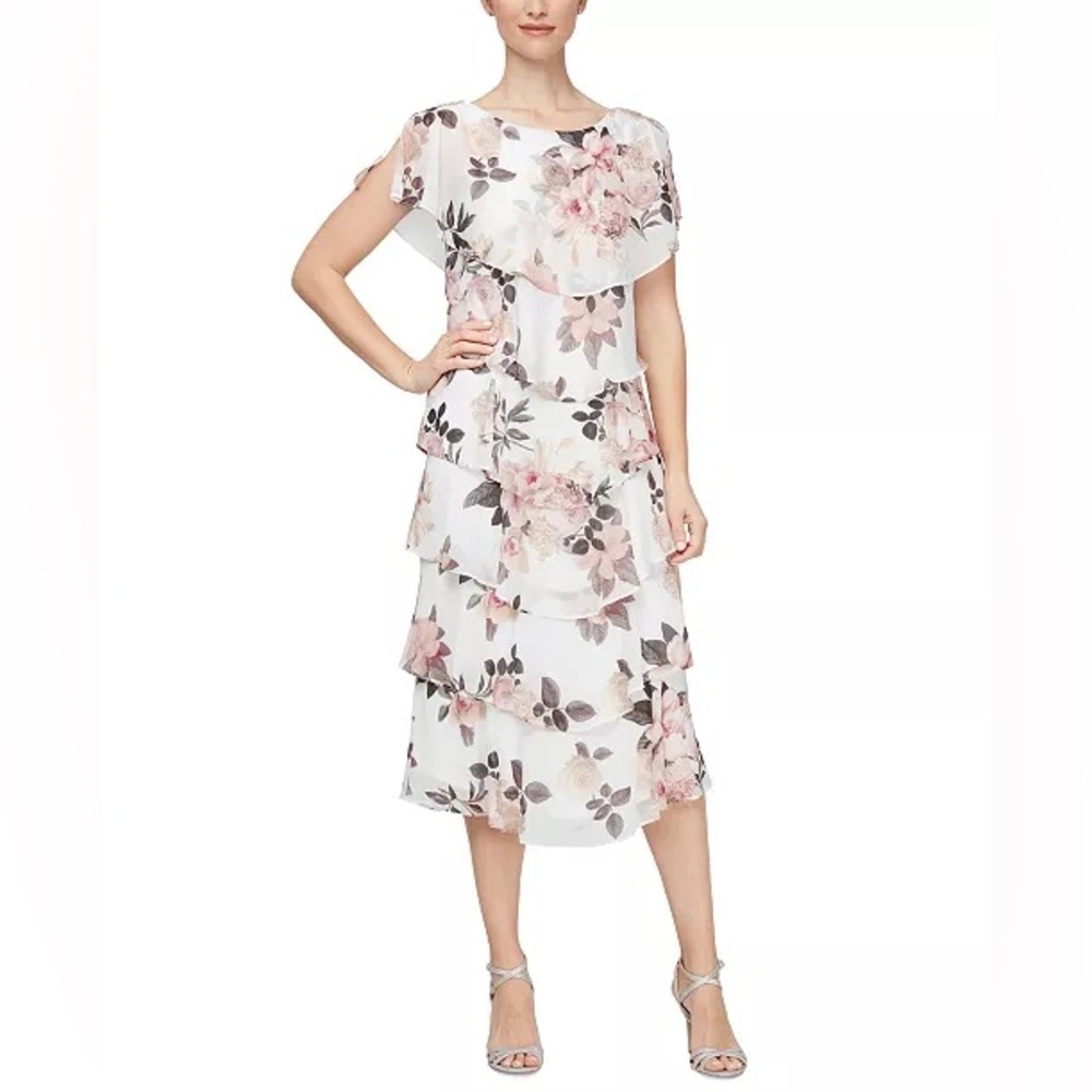 SL Fashions (G4) Women's Capelet-Sleeve Tiered Midi Dress NWT SIZE 8